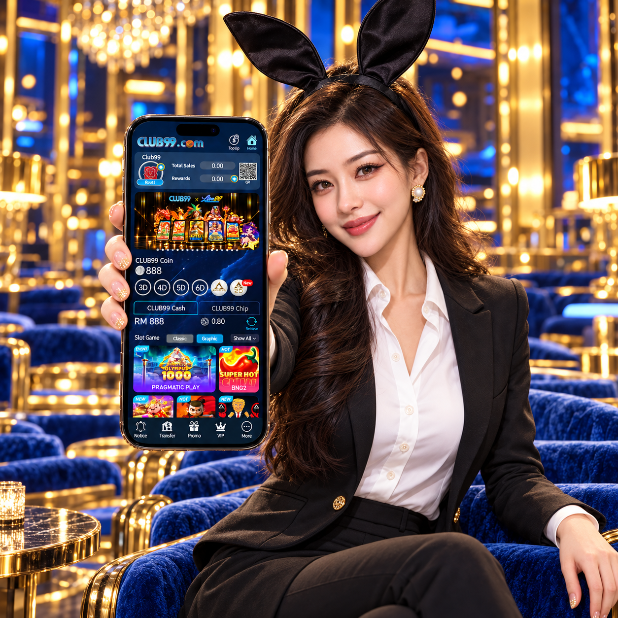 Club99 presenter showing the gaming site on a phone