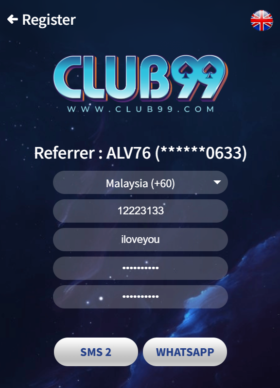 Example registration screen showing referrer code ALV76 and SMS and WhatsApp OTP options